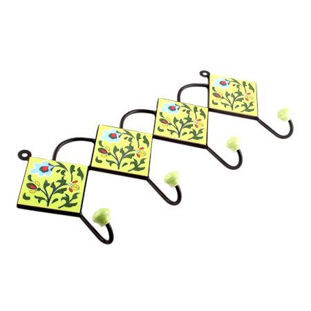 Yellow And Forest Green Ceramic Floral Tiles Hooks